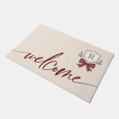Schattige Welkom Monogram Crest Holiday Bow Christ Deurmat (Schuin)