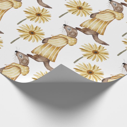 Schattige Wezel Gekleed in Geel W/Yellow Flowers Cadeaupapier (Hoek)