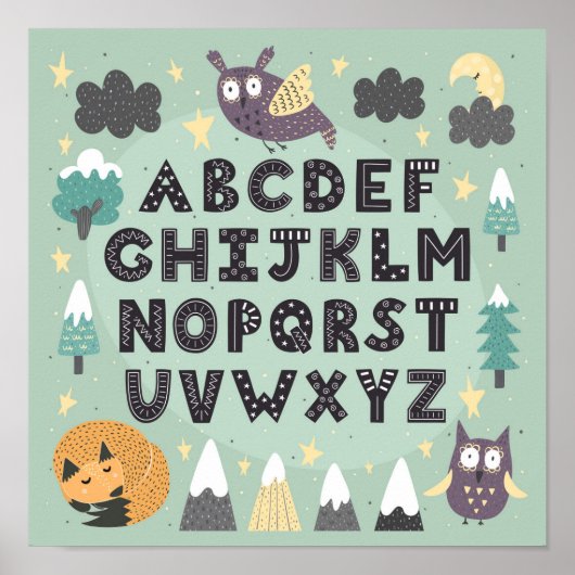 Schattige Whimsical Bosdieren ABC Alfabet Poster (Voorkant)