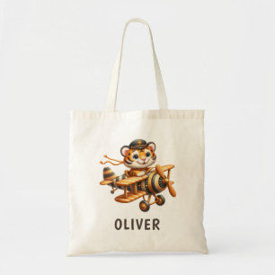 Schattige Whimsical Flying Tiger Kind op een vlieg Tote Bag
