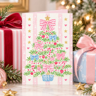 Schattige Whimsical Gestreepte Roze Strik Kerstboo Feestdagen Kaart