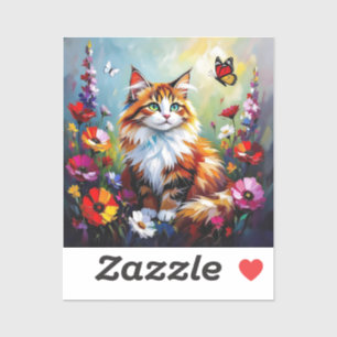 Schattige Whimsical Kat, Bloemen en Vlinders Sticker