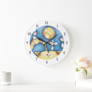 Schattige Whimsical Kat-en-Muis-Maan-Kunst Grote Klok