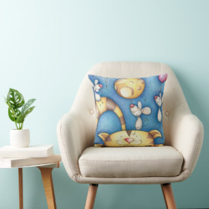 Schattige Whimsical Kat-en-Muis-Maan-Kunst Kussen