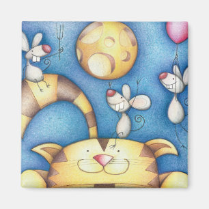 Schattige Whimsical Kat-en-Muis-Maan-Kunst Magneet