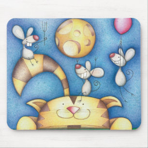 Schattige Whimsical Kat-en-Muis-Maan-Kunst Muismat