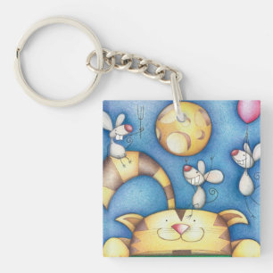 Schattige Whimsical Kat-en-Muis-Maan-Kunst Sleutelhanger