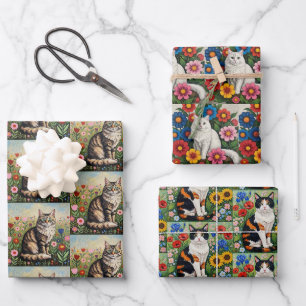 Schattige Whimsical Katjes en Volkskunst Bloemen Inpakpapier Vel