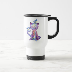 Schattige Whimsical Paarse Kat met Vogels Reisbeker