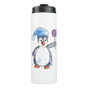 Schattige Whimsical Pinguïn met een Lolly Thermosbeker
