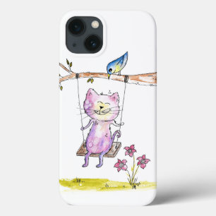 Schattige Whimsical Roze Kat op Schommel iPhone 13 Hoesje