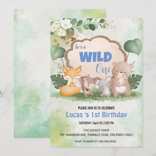 Schattige Wild Een oerwoud Dier 1e Verjaardagsfees Kaart (Voorkant / Achterkant)