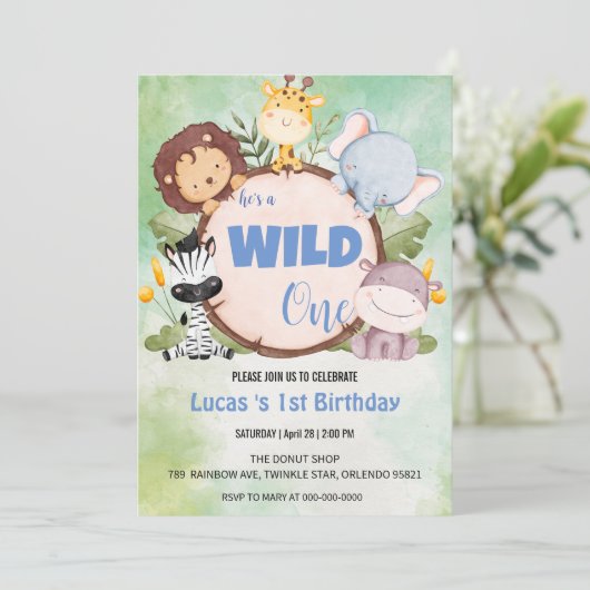 Schattige Wild Een oerwoud Dier 1e Verjaardagsfees Kaart (Staand voorkant)