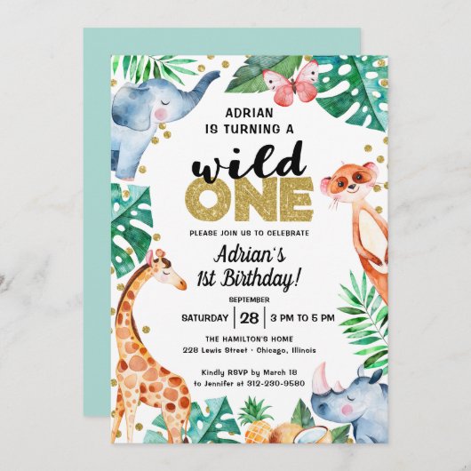 Schattige Wild One Oerwoud verjaardagsuitnodiging Kaart (Voorkant / Achterkant)