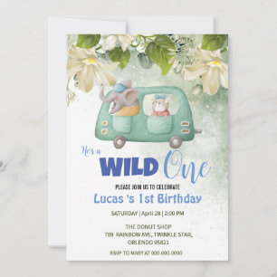 Schattige Wild One Olifant Car 1e Verjaardagsfeest Kaart