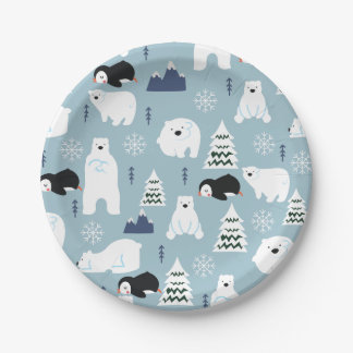 Schattige Winter Beer en Penguin Pastel Blue Party Papieren Bordje