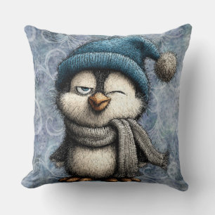 Schattige winter blauwe pinguïn met hoed en sjaal kussen