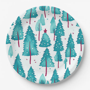 Schattige winter kerstbomen sneeuw bos waterverf papieren bordje