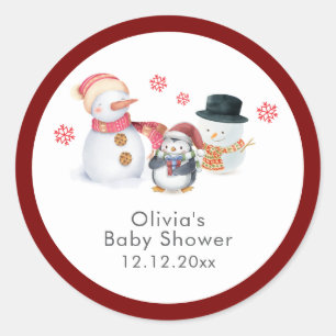 Schattige Winter Pinguïn Sneeuwman Baby Shower Ronde Sticker