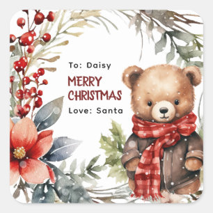 Schattige Winter Teddybeer Kinderen Kerstcadeau Vierkante Sticker