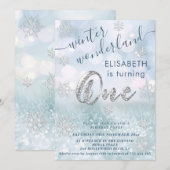 Schattige Winter Wonderland Glitter Eerste Verjaar Kaart (Voorkant / Achterkant)