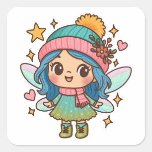 Schattige Winterfee Kawaii Pastel Fantasie Kunst Vierkante Sticker