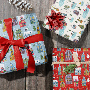 Schattige winterhuis dorp scène kerst inpakpapier vel