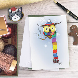 Schattige Winteruil Regenboog Sjaal Hoed Whimsical Feestdagenkaart
