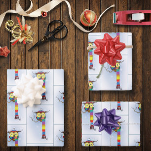 Schattige Winteruil Regenboog Sjaal Hoed Whimsical Inpakpapier Vel