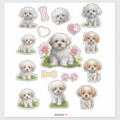 Schattige Wit en Tan Puppies Bloemen Harten Sticker (Vel)