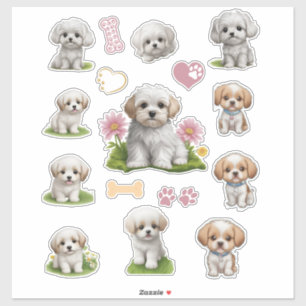 Schattige Wit en Tan Puppies Bloemen Harten Sticker