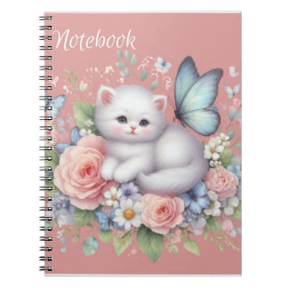 Schattige wit Kat, vlinders en bloemen Notitieboek