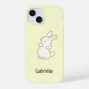 Schattige wit konijn gepersonaliseerde naam geel iPhone 15 hoesje