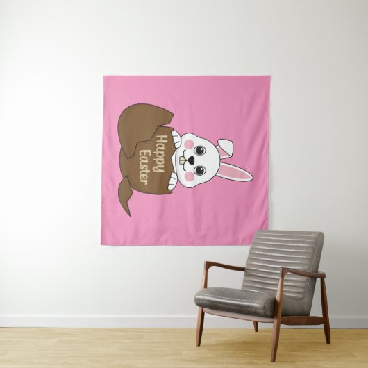 Schattige wit konijn in chocolade ei gelukkig Pase Wandkleed (In Situ (horizontaal))