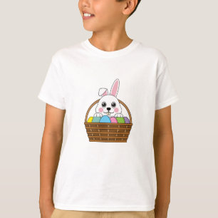 Schattige wit konijn kleurrijke paasei jacht mand t-shirt
