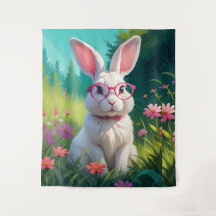 Schattige wit konijn zittend op groen gras wandkleed