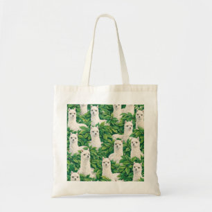 Schattige Witte Alpaca's in Tropisch Groen Blad Tote Bag