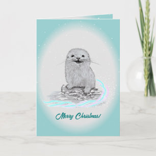 Schattige Witte Baby Zee Otter , Prettig Kerstfees Kaart