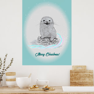 Schattige Witte Baby Zee Otter , Prettig Kerstfees Poster