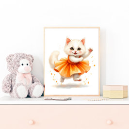 Schattige witte balletkat in oranje tutu poster