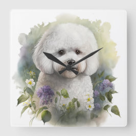 SCHATTIGE WITTE BICHON FRISHOND MET BLOEMEN VIERKANTE KLOK