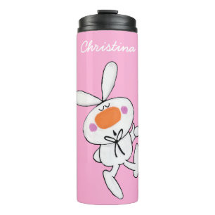 Schattige witte Cartoon Bunny Rabbit op Bright Roz Thermosbeker