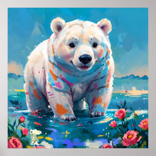 Schattige Witte Ijsbeer met Rozen Schilderij Poster