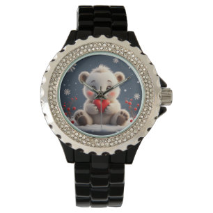 Schattige Witte Ijsbeerwelp met een Rode Hart Horloge