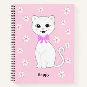 Schattige Witte Kat & Bloemen op Licht Roze Notitieboek