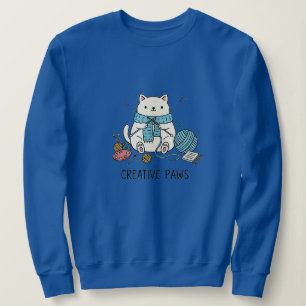 Schattige Witte Kat Breiend met Blauwe Draad Gezel Trui