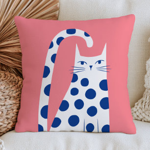 Schattige Witte Kat in Blauwe Stippen Pastel Roze  Kussen