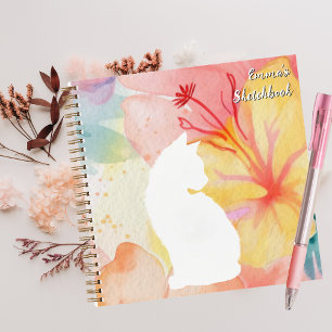 Schattige witte kat,Leuk dier,Waterverf bloem,Aang Notitieboek