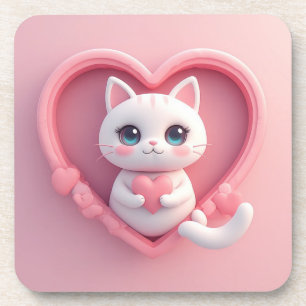Schattige Witte Kat met Hart Kawaii Kitty Liefdeso Bier Onderzetter