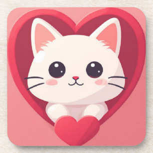 Schattige Witte Kat met Hart Kawaii Kitty Liefdeso Bier Onderzetter